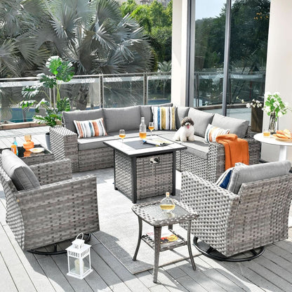 Modular Outdoor Wicker Sofa Set with Fire Pit