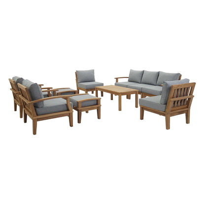 Marina 10-Piece Outdoor Patio Teak Furniture Set with Grey Cushions